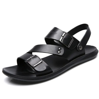 maoxiangshop Comfortable Men's Sandals Solid Color Open Toe Mens Leather Sandals New Slippers Beach for Male Leather Footwear