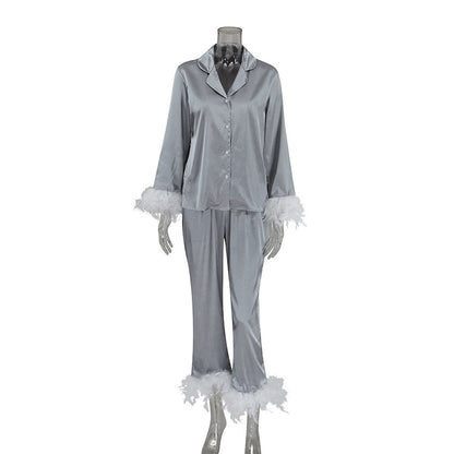 Solid Casual Sleepwear Women's Robe With Feathers Single Breasted Turn Down Collar Women Sleeping Clothes Set Satin Pajamas Sets