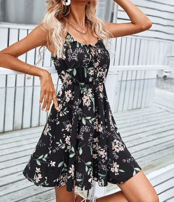 maoxiangshop Sexy Floral Print Short Dress Women Summer Fashion Black Backless Beach Sundress Casual Sleeveless Lace-up New In Dresses