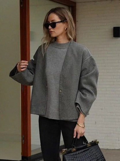 maoxiangshop  -  Woolen Coat Women Grey Autumn Winter Crop Overcoat Lady Elegant Fashion Long Sleeve Jacket Female Casual Loose V-Neck Coats
