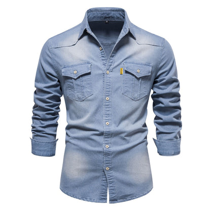 maoxiangshop Brand Elastic Cotton Denim Shirt Men Long Sleeve Quality Cowboy Shirts for Men Casual Slim Fit Mens Designer Clothing