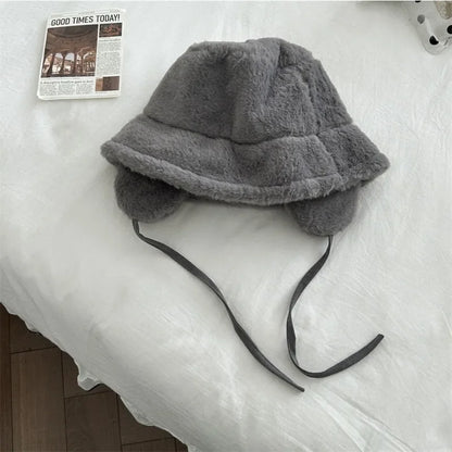 maoxiangshop Korean New Ear Protection Bucket Hats for Women Autumn and Winter Travel Versatile Warm Retro Solid Color Plush Men's Caps