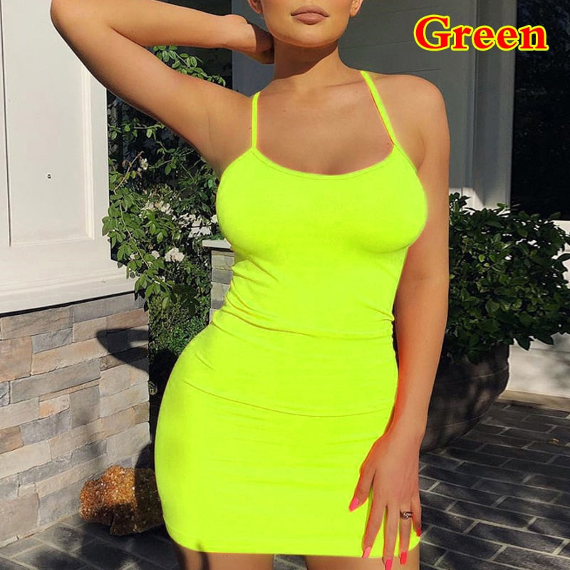 maoxiangshop Sexy Spaghetti Strap Camisole Mini Dress Women Bodycon Club Party Dresses Summer New Pure Color Sundress Plus Size XS-5XL