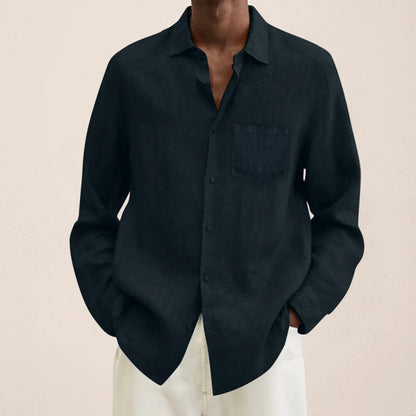 maoxiangshop Male Summer Cotton Linen Solid Casual Plus Size Loose Shirt Mens Turn Down Long Sleeve Shirt