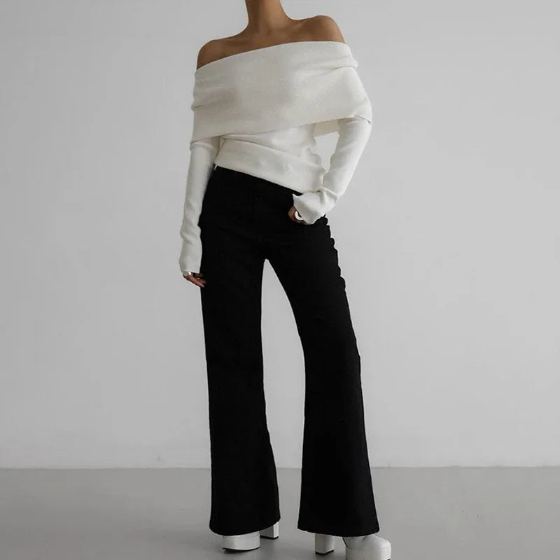 maoxiangshop  -  Women's Sweater Pullovers Long Sleeve Knitted One-Shoulder Sexy Slim Top Solid Color Autumn Winter 2024 Fashion Casual