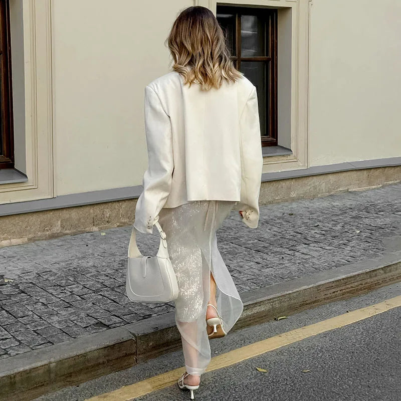 maoxiangshop  -  Sexy See Through White Mesh Split Skirt Women's High Waist Loose Straigh Midi Skirt Autumn Fashion Hot Girl Party Skirts