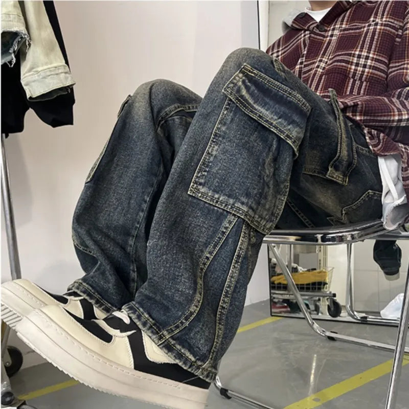 maoxiangshop Men's Patchwork Blue Cargo Jeans Unisex Straight Casual Trousers Men Muti-pockets Hip Hop Streetwear 90s Vintage Fashion Pants