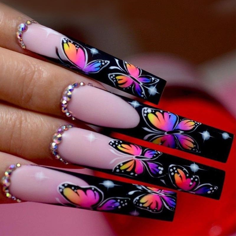 24Pcs Long Ballerina French False Nails Snake Rhinestones Design Fake Nails Wearable Coffin Press on Nails Full Cover Nail Tips