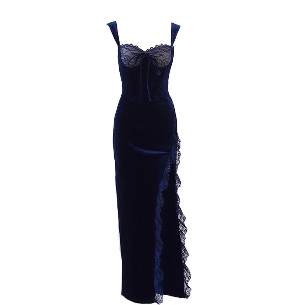 Wedding Guest Dresses for Women Autumn Maxi Velvet Dress Sexy Split Blue Bodycon Evening Party Dress Elegant