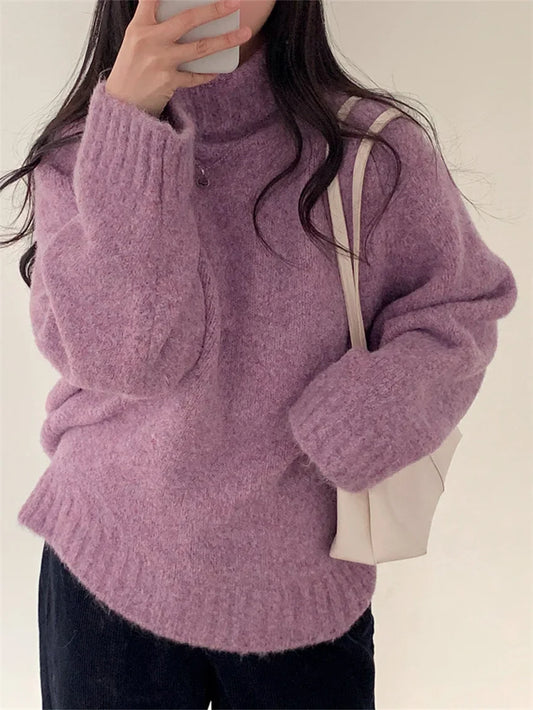 maoxiangshop  -  Elegant Sweaters Soft Loose Women Chic Knitted Winter 2025 Casual All Match Pullovers Warm Daily Turtleneck