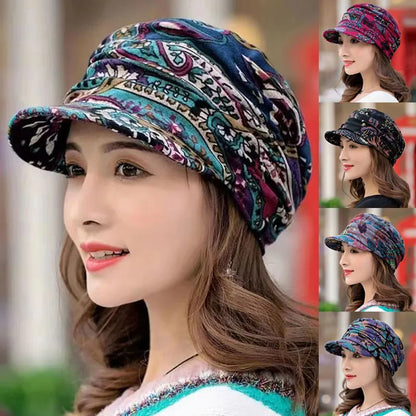 maoxiangshop Women Hat Short Brim Warm Foldable Earflap Women Cap Ethnic Style Floral Print Autumn Winter Hat Daily Clothing Turban Visor