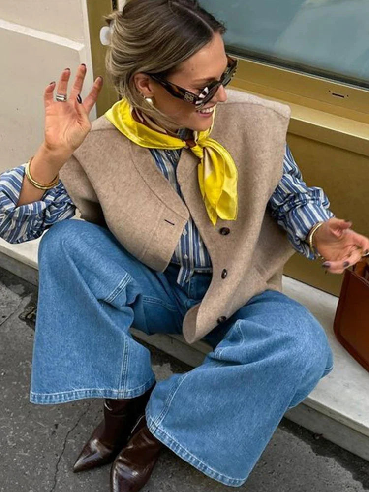 maoxiangshop  -  2024 Elegant Sleeveless Thin Coat Women Retro Street Loose O-neck Single Breasted Khaki Vest Jacket Autumn All-match Outwear
