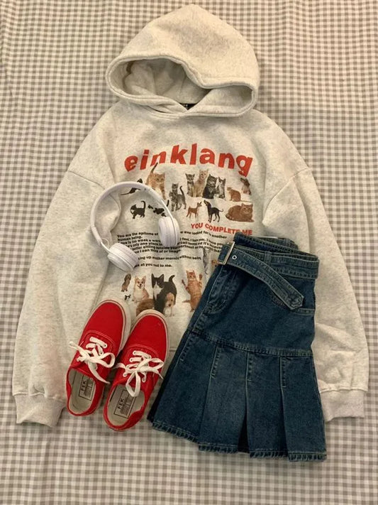 maoxiangshop2 Cat Dog Print Sudadera Fleece Loose Animal Pullovers Hooded Thick Casual Tops High Street American Women Vintage Sweatshirt
