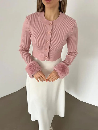 maoxiangshop Women Korean Fashion Cardigan Round Neck Single Breasted Short Knitwear Sweater Elegant Spring Autumn Office Lady Sweaters