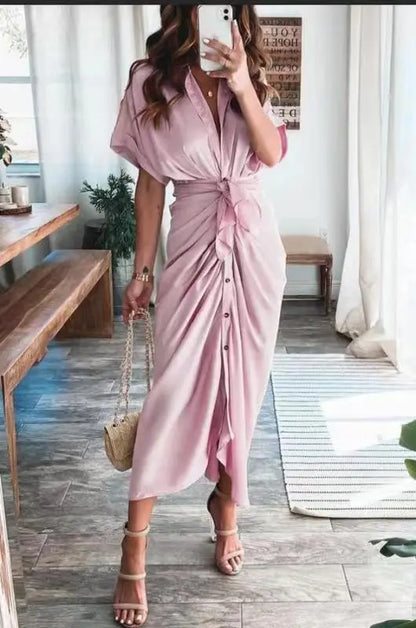 maoxiangshop Women Summer Elegant Button Ruched Bandage Shirt Dress Fashion Casual Short Sleeve Solid V Neck Beach Maxi Dress