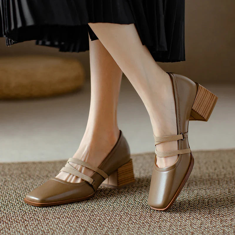maoxiangshop -  Spring/Autumn Fashion Women Shoes SquareToe Chunky Heel Shoes Women Cow Leather Med Heel Women Pumps Solid Retro Mary Janes