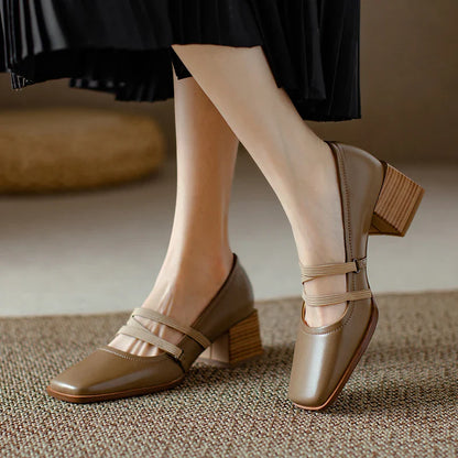 maoxiangshop -  Spring/Autumn Fashion Women Shoes SquareToe Chunky Heel Shoes Women Cow Leather Med Heel Women Pumps Solid Retro Mary Janes