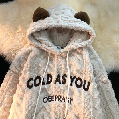 maoxiangshop Autumn And Winter Warm Hooded Top Student Coral Fleece Embroidered Oversized Hoodie Casual Sweatshirt For Women Kawaii Clothes
