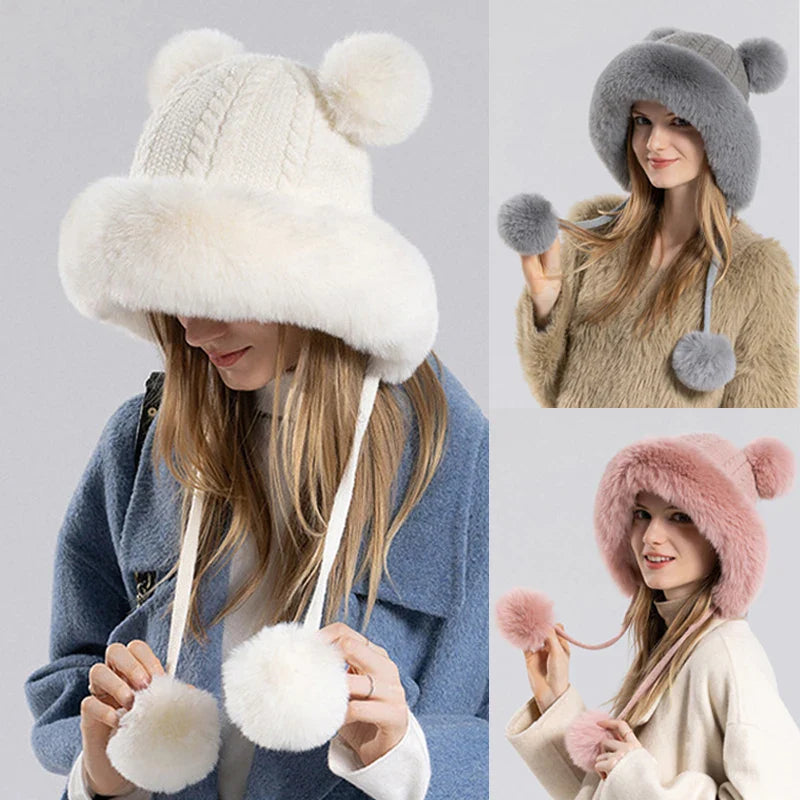 maoxiangshop  -  Winter Pompoms Hat for Women Plush Lining Thickened Warm Knit Beanies Bonnet Outdoor Windproof Ear Protection Skiing Woolen Caps