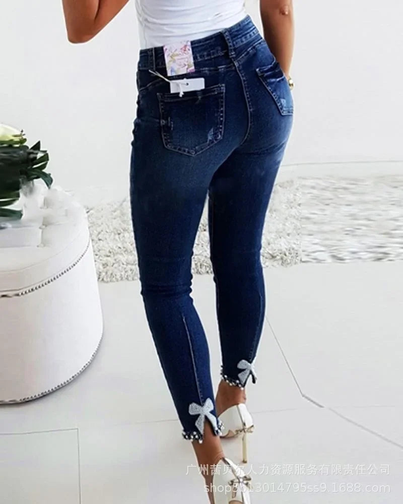 maoxiangshop Beaded Slit Bowknot Decor Jeans Autumn Women Pearl Bow Casual Loose Splice Sheath Long Pants Slim Fit Denim Pencil Trousers