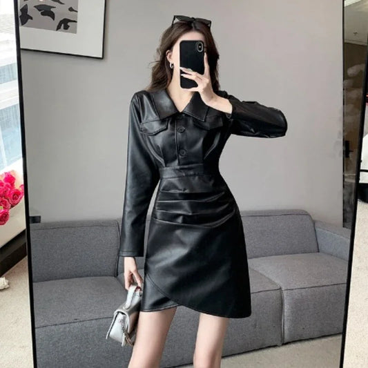 maoxiangshop Spring Fall Women High Waisted Black Pu Leather Irrgular Dress , Woman Slim Above Knee Length Pleated Dresses