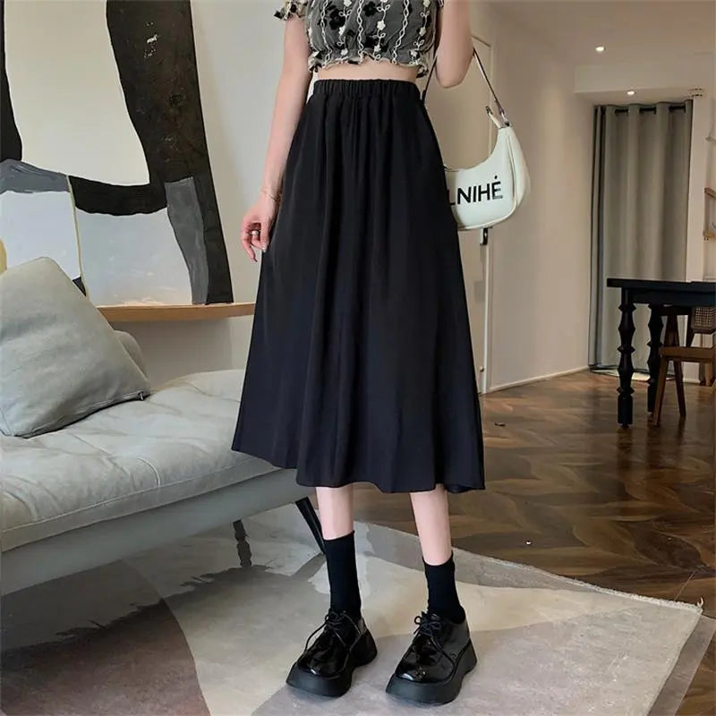 maoxiangshop Vintage Floral Print A-line Pleated Long Skirts Summer Women Korean Skirt Streetwear Drawstring Elastic Waist Midi Skirt