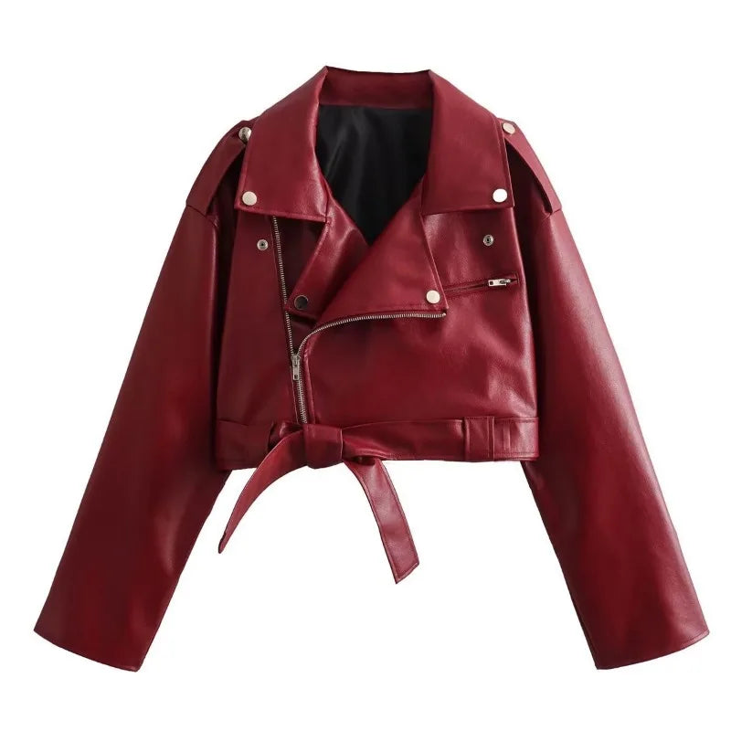 maoxiangshop -  Bandage Red PU Jackets For Women Fashion Zipper Turn Collar Lace Up Coat Womens Winter Street Casual Short Jacket Woman