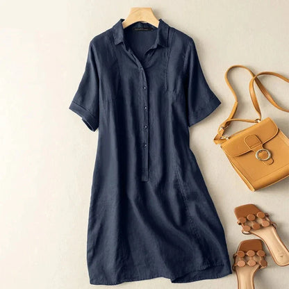 maoxiangshop Summer Dress Elegant Short Sleeve Dresses Women Vintage Cotton Vestido O-Neck Button A-line Work Sundress Robe Femme