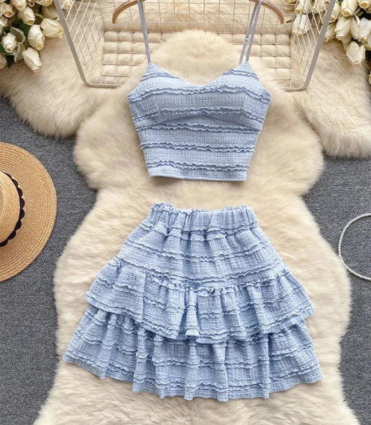 maoxiangshop Sweet Ruched Two Pieces Sets V Neck Strap Crop Tops+Short Pleated Skirt Women Korean Style Chic Summer Beachwear Suits