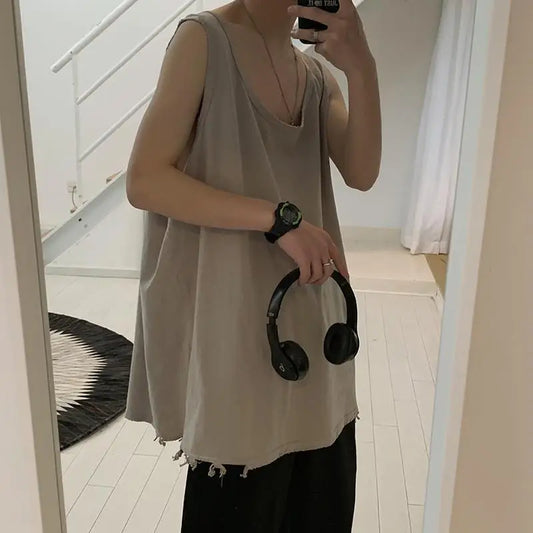 maoxiangshop Hip Hop Streetwear Men Retro Old Vest Harajuku Multicolors Oversized Tank Tops Summer Sleeveless T-shirt Solid Color Tees