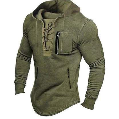 maoxiangshop Men Autumn Spring Top Lace Up Drawstring Solid Color Long Sleeve Zipper Pockets Pullover Streetwear Men Mid Length Hoodie