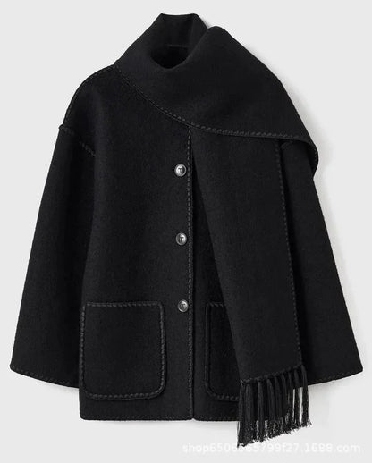 maoxiangshop  -  Fashion Loose Women Coat With Scarf Long Sleeve Pocket Single Breasted Female Coat 2024 Autumn Winter Fashion Lady Street Jacket