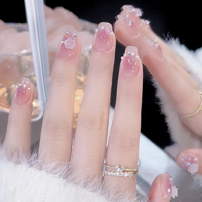 maoxiangshop 24pcs Wearable Pink Press On Fake Nails Tips With Glue false nails design Butterfly Lovely Girl false nails With Wearing Tools