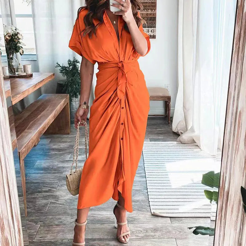 maoxiangshop Women Summer Elegant Button Ruched Bandage Shirt Dress Fashion Casual Short Sleeve Solid V Neck Beach Maxi Dress