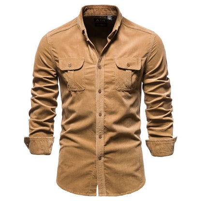 maoxiangshop New Men's Shirt Fashion Corduroy Shirts Men Business Casual Single Breasted Cotton Men Shirts Solid Color Slim Fit Full Top