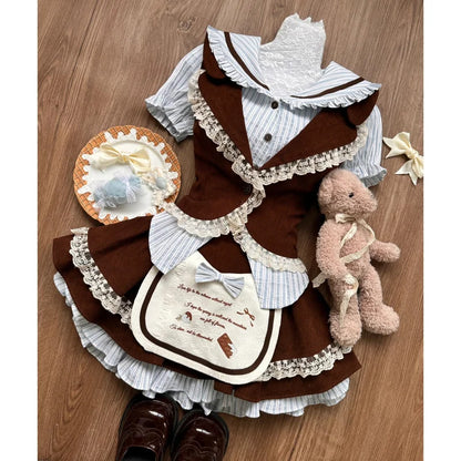 maoxiangshop  -  Girl Lotus Leaf Lolita Girls Splicing Cute Color Contrasting Shirt Hollow High Waist Lace Bubble Puff Cake Skirt Set 3-Piece Set