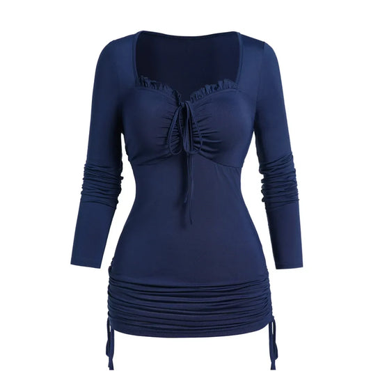 maoxiangshop Long Sleeve Deep Blue Cinched Side Ruffle Trim Top For Women Tie Front Sweetheart Collar Casual Tops