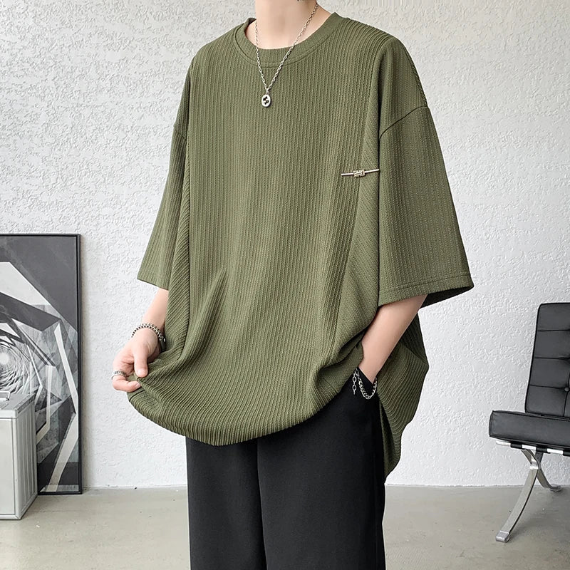 maoxiangshop Black/White/Green Pleated T Shirt For Men Summer Short Sleeve Plain T-Shirt Fashion Shirts Round Collar Sports Tops Tee