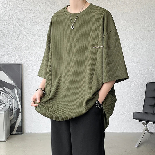 maoxiangshop Black/White/Green Pleated T Shirt For Men Summer Short Sleeve Plain T-Shirt Fashion Shirts Round Collar Sports Tops Tee