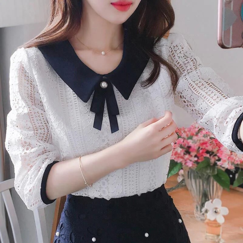 maoxiangshop Women's Spring Autumn Style Lace Blouses Shirt Women Peter Pan Collar Solid Color Half Sleeve Elegant Lace Tops SP8676