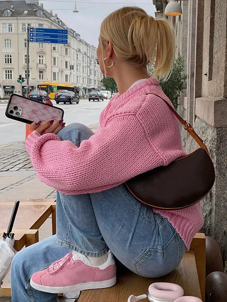 maoxiangshop -  Pink Crochet Cropped O-neck Sweaters For Women Long Sleeve Fit Warm Knitted Pullover Top Fashion Autumn Winter Holiday Outerwear