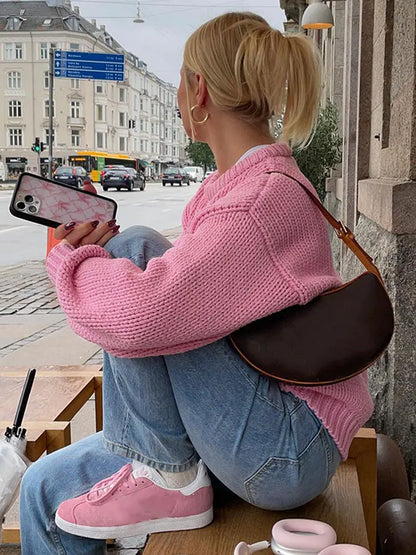 maoxiangshop -  Pink Crochet Cropped O-neck Sweaters For Women Long Sleeve Fit Warm Knitted Pullover Top Fashion Autumn Winter Holiday Outerwear