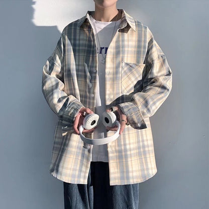 maoxiangshop Spring Autumn Casual Plaid Shirts Men Loose Turn Down Collar Long Sleeve Shirt for Man