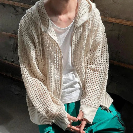 maoxiangshop Hollow Design Men Jacket Hooded Hip Hop Cardigan Stylish Men's Winter Jacket with Hollow Out Design Zipper Closure Men Hooded