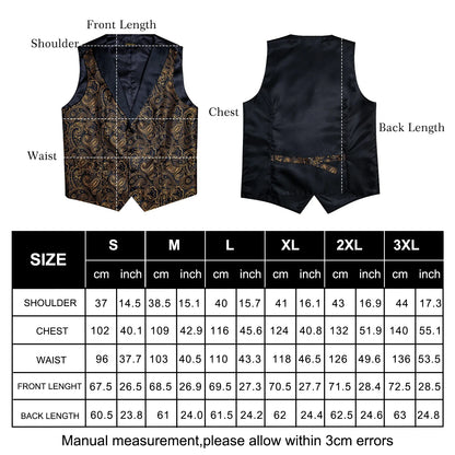 maoxiangshop Brand Suit Vest Set For Men Luxury Silk Black Gold Paisley Dress Vest Tie Cufflinks Handkerchief Set Male Sleeveless Waistcoat