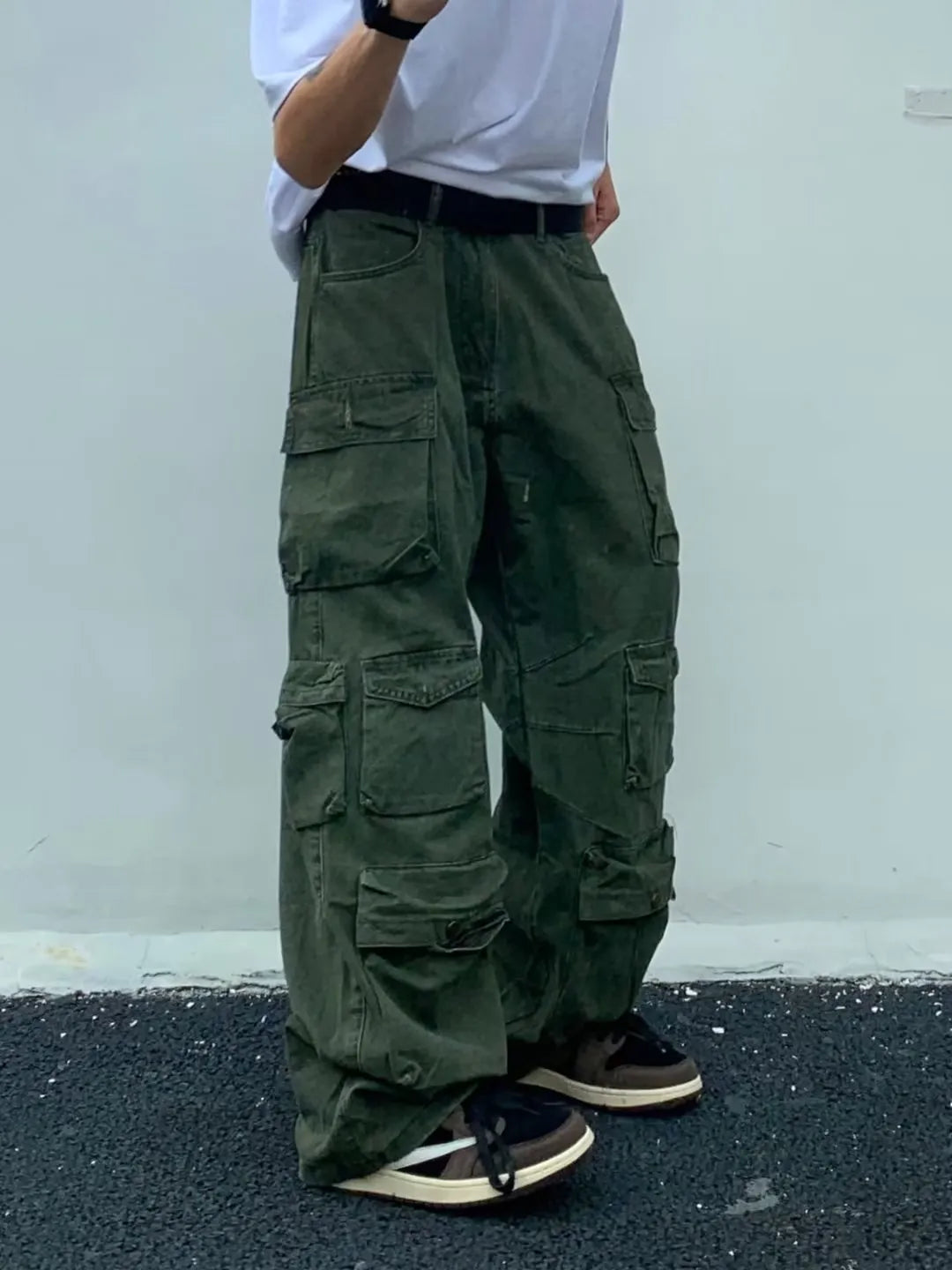 maoxiangshop Spring Cargo pants New Popular Rice White Multi-pockets Overalls Harajuku stays Men Loose Casual Trousers Straight Mopping Pants