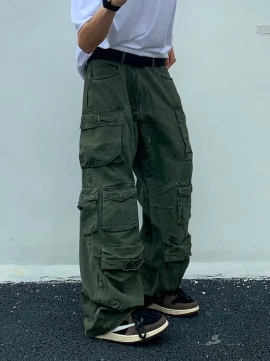 maoxiangshop Spring Cargo pants New Popular Rice White Multi-pockets Overalls Harajuku stays Men Loose Casual Trousers Straight Mopping Pants