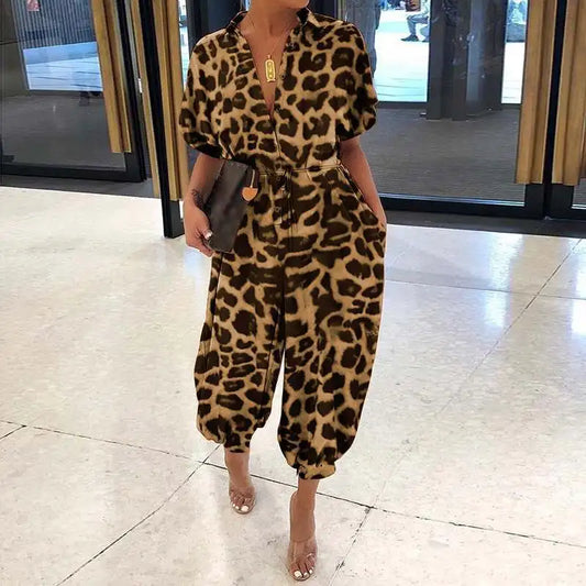 maoxiangshop Leopard Printed Jumpsuit Women Summer New Short Sleeves Leace-up Pocket Casual Jumpsuits Fashion Vintage Ladies Bodysuits