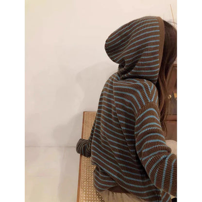 Vintage Hooded Sweater Women Harajuku Striped Knitted Pullovers Fall Winter Streetwear Long Sleeve Knitwear Korean Jumpers