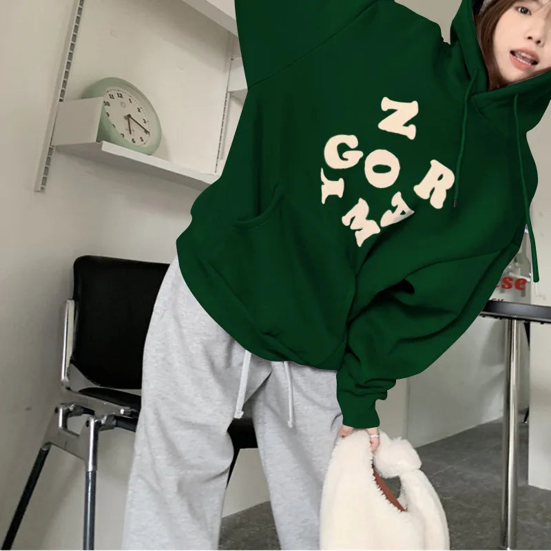 maoxiangshop Korean Autumn Winter Letter Print Hoodie Women Casual Long Sleeve Pullover Tops Hood Shirt Harajuku Oversize Sweatshirt Y2k 후드티